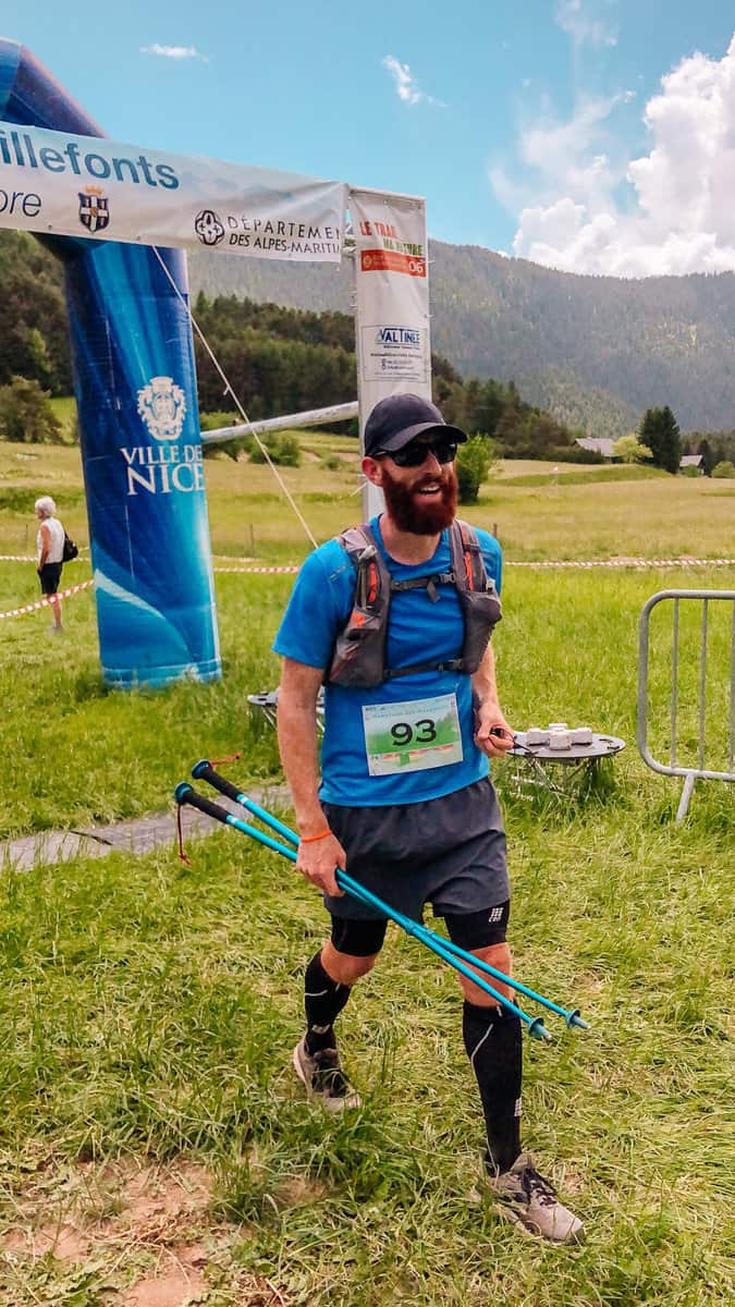 Jake smiling after finishing the Trails des Millefonts