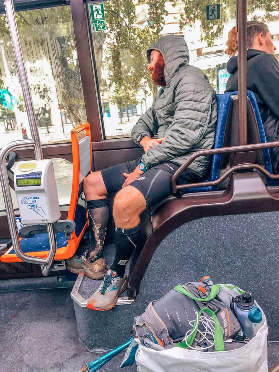 Jake on the bus home after dropping out of the Nice 100 mile